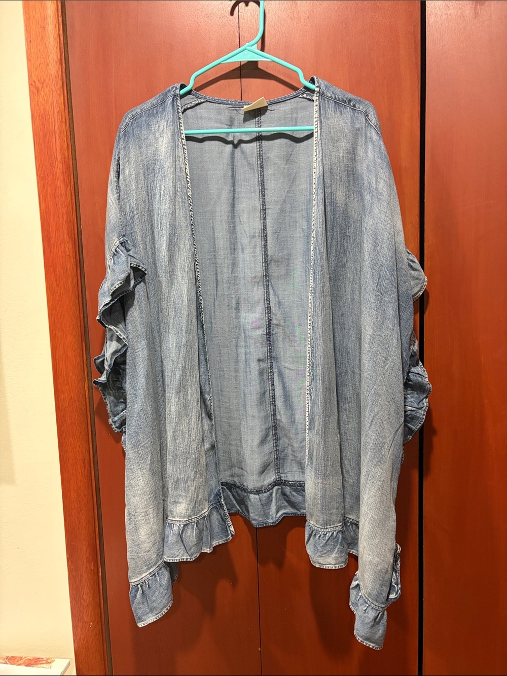 Three Bird Nest Light Wash Denim Open Front Ruffle Sleeve Jacket